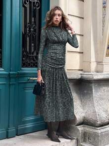 Pariaura 2025 Herbst Neue Kollektion: Elegantes Langkleid mit Leoparden-Muster und gerafften Details - Zarte Tülle, figurschmeichelnde, schicke und schlankende Herbstmode für Frauen - Verschiedenfarbig - Übersicht 5