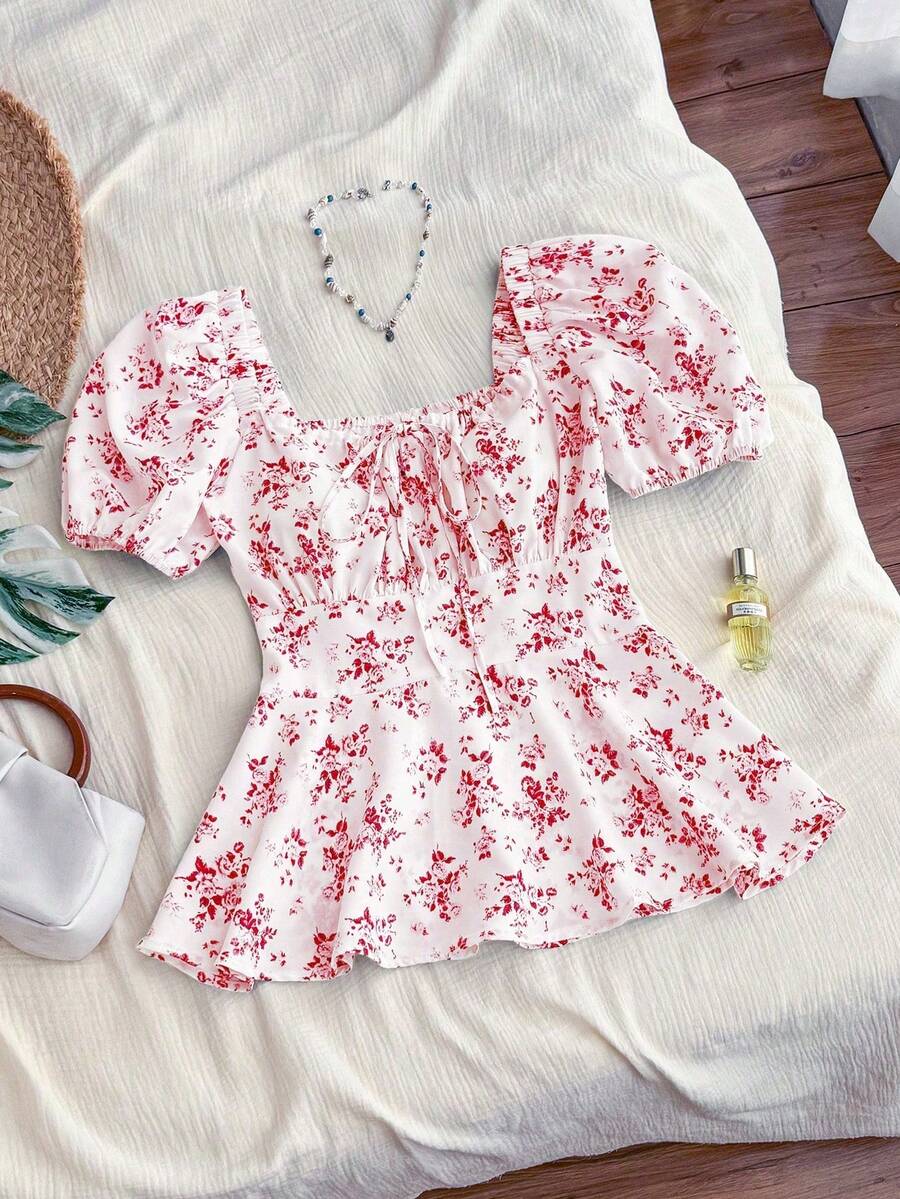 休闲 - 度假休闲系带随机印花花卉衬衫 - 紅色 - 查看 1