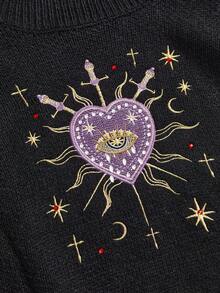 ROMWE Goth 大码女式哥特浪漫心形刺绣水钻水晶泪滴星形装饰高领毛衣 - 紫色 - 查看 2