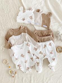 Newborn Sweet Bear Cotton Loungewear 6-Piece Set - Beige White Sweet Bear Cotton Loungewear 6-Piece Combo Sweet Bear Design Beige White Sweet Color Long Sleeve Footed Romper Sweet Bear Bodysuit Pants Hat Set 6-Piece Combo Social Media Style Sweet Bear 2026 New Year Holiday Essential Spring Summer Autumn Winter Newborn Sweet Bear Cotton Loungewear 6-Piece Set