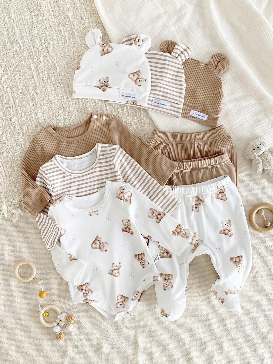 Newborn Sweet Bear Cotton Loungewear 6-Piece Set - Beige White Sweet Bear Cotton Loungewear 6-Piece Combo Sweet Bear Design Beige White Sweet Color Long Sleeve Footed Romper Sweet Bear Bodysuit Pants Hat Set 6-Piece Combo Social Media Style Sweet Bear 2026 New Year Holiday Essential Spring Summer Autumn Winter Newborn Sweet Bear Cotton Loungewear 6-Piece Set