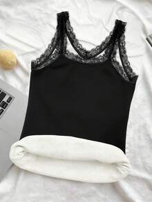 EMERY ROSE Plus Size Women Lace Patchwork Thermal Lined Camisole - Black - View 2