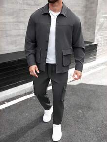 Manfinity CasualCool 男士休闲两件套：长袖格子衬衫（带双口袋）和抽绳腰工装裤，适合度假、商务、通勤、日常穿着、休闲聚会、派对、购物、骑行等场合。 - 深灰色 - 查看 5