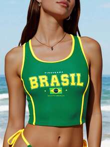 Swim Vcay 女士夏季沙滩休闲度假巴西字母印花比基尼泳衣上装 - 綠色 - 查看 6