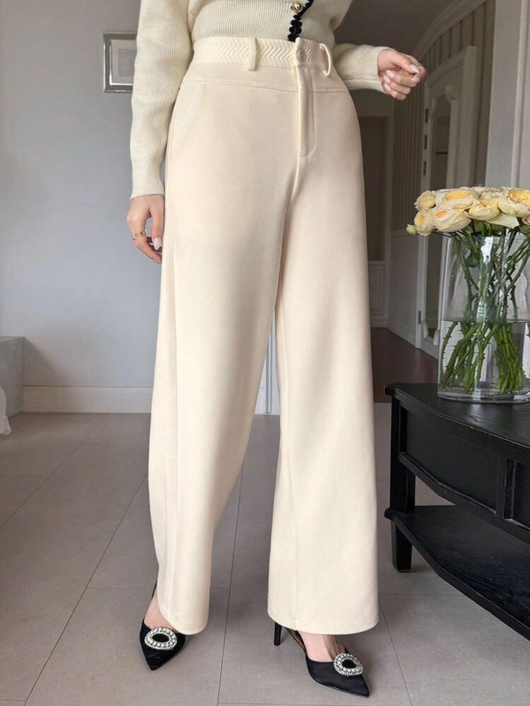 Women's Casual Solid Color Straight Leg Patchwork Waist Pants, Autumn/Winter