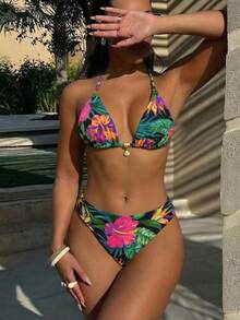 Swim Vcay 2 件套全新彩色碎花侧系带高开叉丁字裤比基尼泳装套装，女士海滩度假装 - 彩色 - 查看 4
