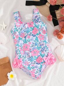 Emery Rose Kids 女童/少女随机印花连体泳衣，带蝴蝶结装饰和荷叶边下摆 - 淺粉色 - 查看 1