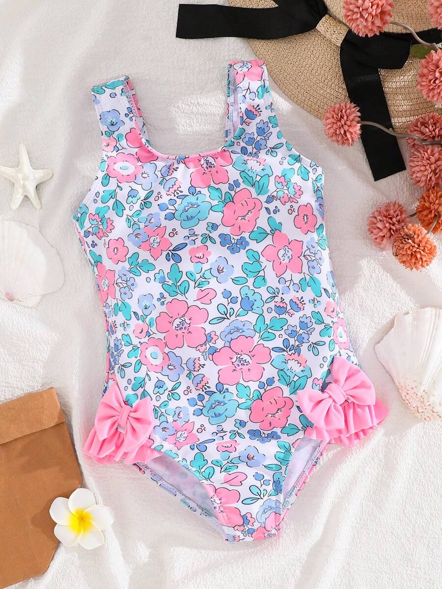 Emery Rose Kids 女童/少女随机印花连体泳衣，带蝴蝶结装饰和荷叶边下摆 - 淺粉色 - 查看 1