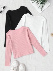 SHEIN 3件套 少女纯色圆领长袖运动街头风针织上衣 - 淺粉色 - 查看 2