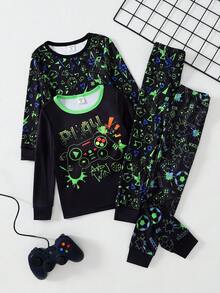 Conjunto de 4 piezas de pijama casual de otoño para niños pequeños, top de manga larga suave con estampado de fútbol de dibujos animados y mando de juego que brilla en la oscuridad, ajuste ceñido - Multicolor - Ver 6