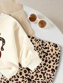 1 Set Baby Girls Casual Chic Leopard Cherry Pattern Round Neck Sweatshirt And Leopard Print Flare Pants Set, Suitable For Autumn/Winter Outings, Fun Fall Clothing - Multicolor - View 5