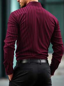 Manfinity Mode Men's Burgundy Striped Long Sleeve Shirt Collar Business Commuting Top In Polyester Tuxedo - Burgundy - View 2