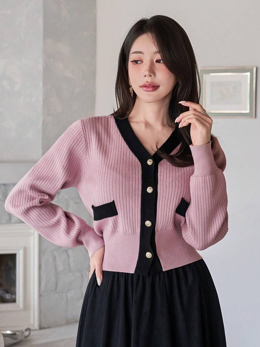 DAZY 女士优雅撞色拼接V领假口袋纽扣开衫，秋冬款 - 紫色 - 查看 1