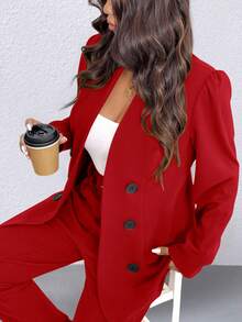 SHEIN Clasi Setelan Jas Bisnis Kasual Wanita Ukuran Besar, Warna Polos, Kancing Ganda, Lengan Panjang, Jaket dan Celana - Merah - View 4