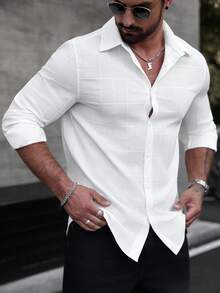 Manfinity Homme 男士純色極簡休閒長袖襯衫 男士紋理襯衫 男士白色長袖襯衫 男士白色休閒襯衫 男士時尚襯衫 正裝 - 白色 - 查看 6