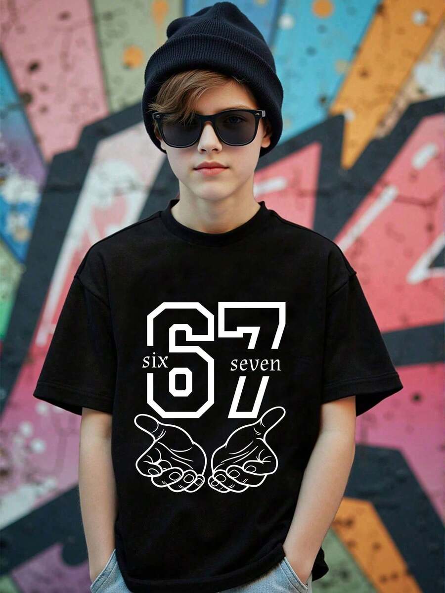 Boys' Casual Minimalist "67" Graphic Print Short Sleeve Round Neck T-Shirt,Black,Summer,Street Life Casual Graphic Street Fashion,School Outings Top - Black - View 1