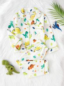2pcs Young Boy Cute Dinosaur Print Long Sleeve Cardigan And Pants Set, Casual Loose And Comfortable Pajamas - Multicolor - View 3
