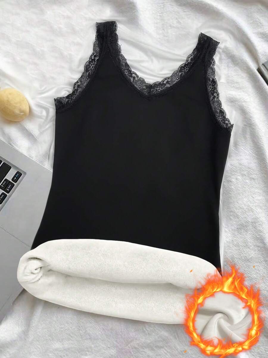 EMERY ROSE Plus Size Women Lace Patchwork Thermal Lined Camisole - Black - View 1