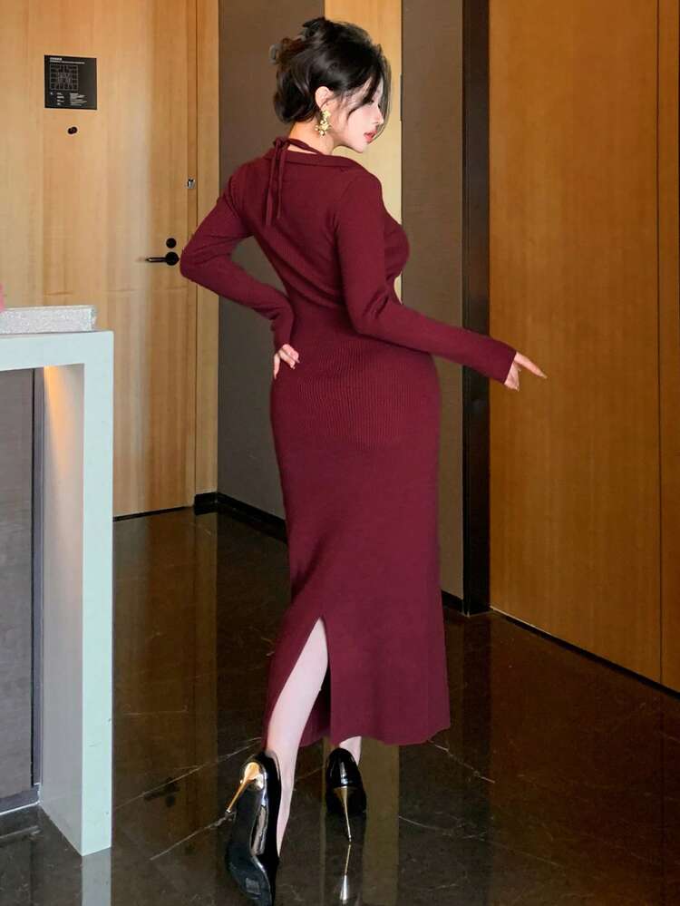 Women's Elegant Solid Color Halter Sweater Dress, Autumn/Winter