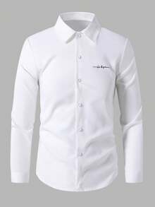 SHEIN 青少年男士休闲绅士学院风字母印花长袖衬衫 - 白色 - 查看 3