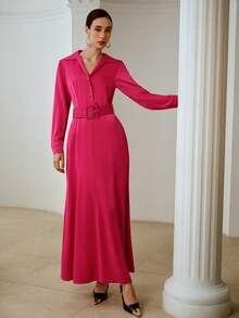 ZEYLAH Spring Shirt Collar Long Sleeve Belted Dress, Romantic For Valentine's Day - Hot Pink - View 6