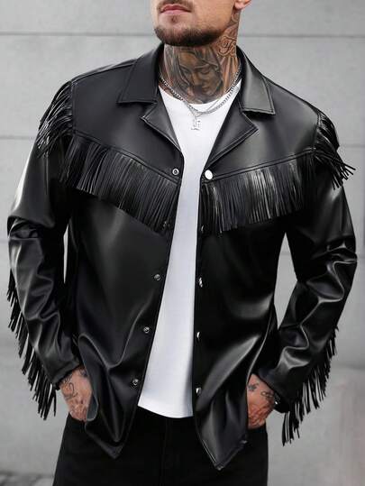 Manfinity Homme 男士复古撞色长袖衬衫，前襟纽扣设计，饰有流苏，牛仔竞技衬衫，男士西部衬衫，带流苏的西部衬衫，秋季流苏夹克，男士皮衬衫，男士牛仔夹克，男士流苏