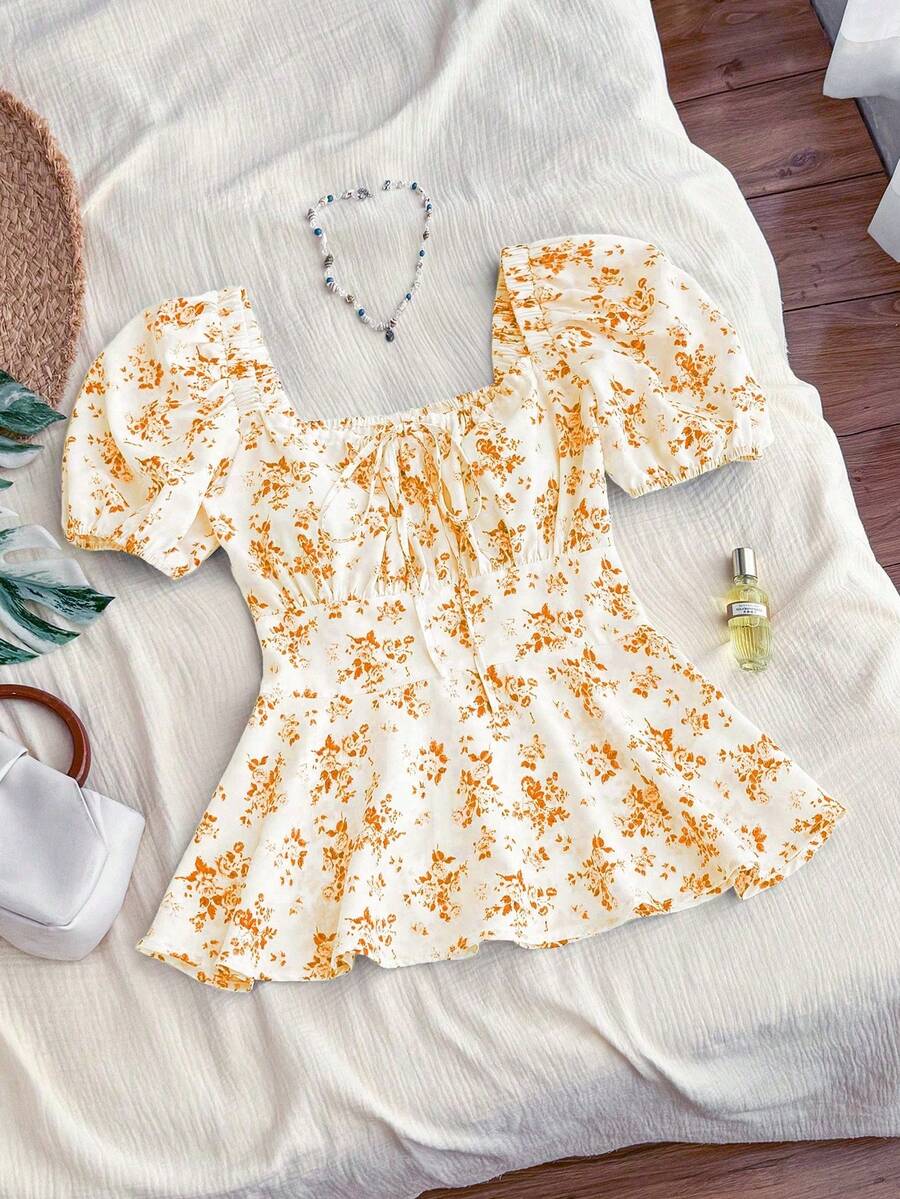 Trelyra 休闲 - 度假休闲系带随机印花花卉衬衫 - 黃色 - 查看 1