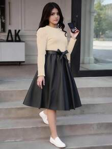 SHEIN 1 件女童圆领长袖罗纹针织拼布碎花下摆连衣裙，甜美淑女，秋季 - 彩色 - 查看 3