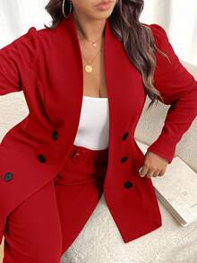 SHEIN Clasi Setelan Jas Bisnis Kasual Wanita Ukuran Besar, Warna Polos, Kancing Ganda, Lengan Panjang, Jaket dan Celana - Merah - View 6