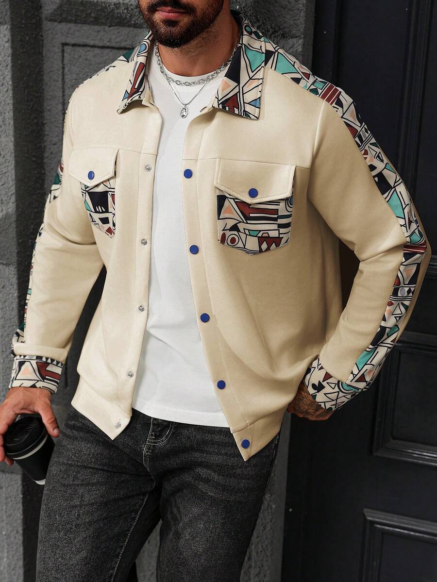 Manfinity Homme Men's Geometric Pattern Long Sleeve Single-Breasted Casual Jacket - Beige - View 1