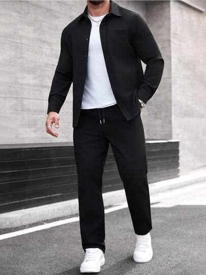 Manfinity CasualCool 男士长袖衬衫领纽扣衬衫及长裤套装，秋冬款