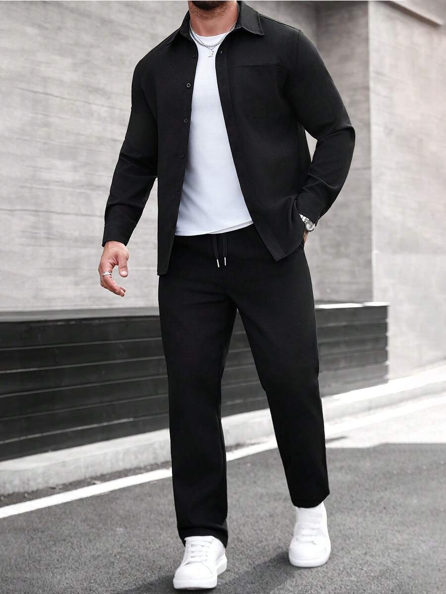 Manfinity CasualCool 男士长袖衬衫领纽扣衬衫及长裤套装，秋冬款