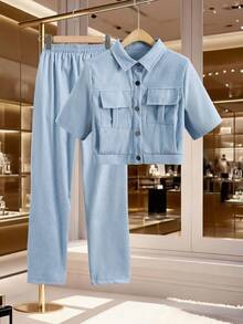 Mulvari Women's Casual Summer Street Style Solid Color Flap Pocket Short Sleeve Shirt And Elastic Waist Pants Set - Blue - View 10