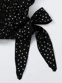 SHEIN Franclia Crossed Shirred Ruffle Cap Sleeve Bow Decor Polka Dot Blouse - Black - View 6
