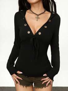 Rina Fox Camiseta Feminina de Manga Longa com Capuz e Decoração de Ilhós, Moda Retrô Casual Minimalista Versátil - Preto - Visão 2