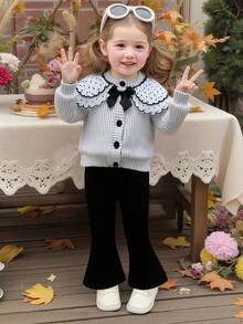 SHEIN Playful Pals 秋冬季女婴灰色条纹蝴蝶结波点网纱披肩长袖上衣搭配黑色裤子套装，甜美可爱