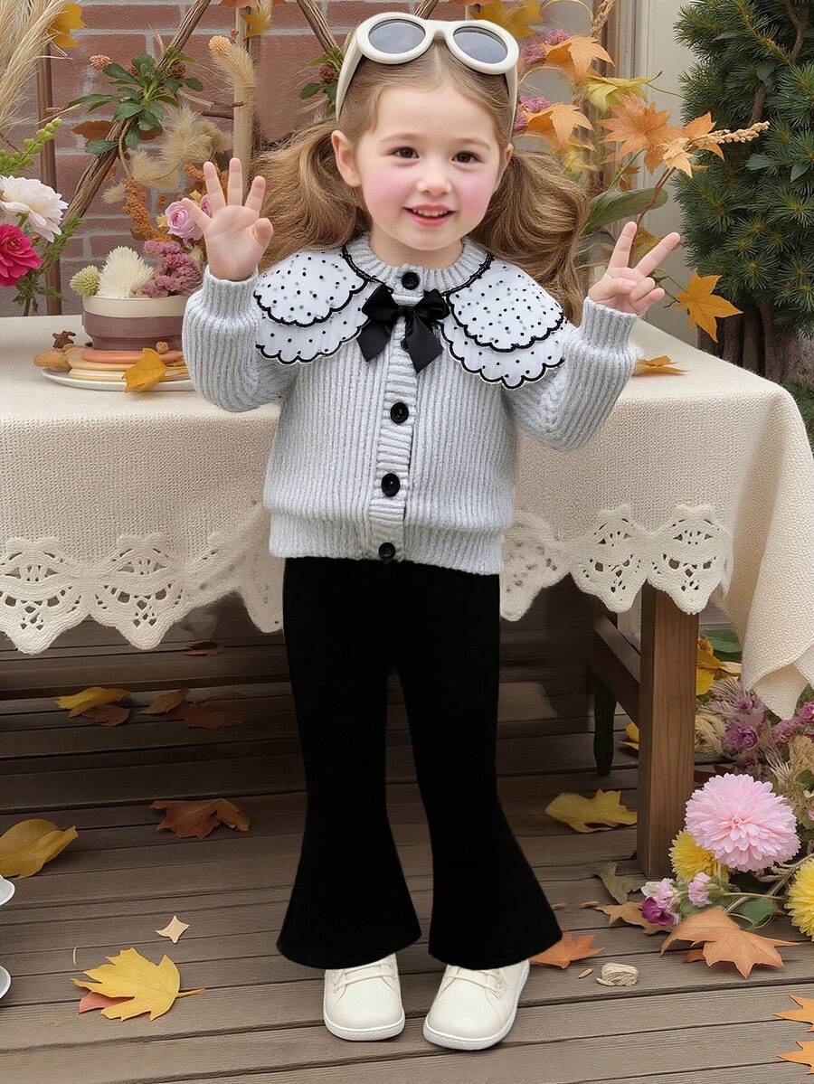 SHEIN Playful Pals 秋冬季女婴灰色条纹蝴蝶结波点网纱披肩长袖上衣搭配黑色裤子套装，甜美可爱