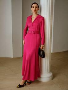 ZEYLAH Spring Shirt Collar Long Sleeve Belted Dress, Romantic For Valentine's Day - Hot Pink - View 5