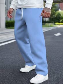 Manfinity Homme Men's Letter Print Drawstring Waist Pocket Loose Casual Sweatpants - Blue - View 4