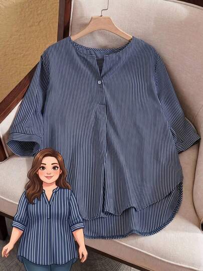 Rusticease Plus Size Old Money Vacation Casual Striped Curved Hem Blouse,Summer,Vacation