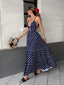 Pariaura Polka Dot Spaghetti Strap Patchwork Loose Hem Maxi Casual Vacation Dress For Women - Multicolor - View 4