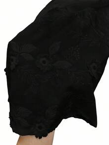 SHEIN LUNE Women's Casual Textured Round Neck Embroidered White Shirt - Black - View 8