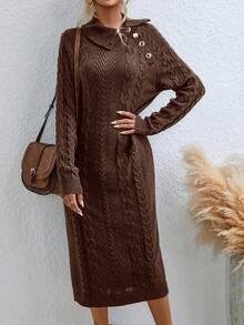 EMERY ROSE Women's Casual Cable Knit Long Sleeve Midi Dress, Autumn/Winter - Coffee Brown - View 5