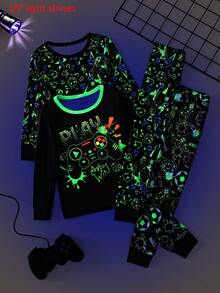 Conjunto de 4 piezas de pijama casual de otoño para niños pequeños, top de manga larga suave con estampado de fútbol de dibujos animados y mando de juego que brilla en la oscuridad, ajuste ceñido - Multicolor - Ver 1
