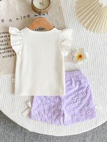 SHEIN Bộ 2 món áo tay lửng thêu hoa và quần short jacquard họa tiết hoa dễ thương cho bé gái - Nhiều màu - Xem 2