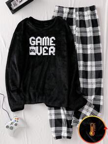 一套青少年男童游戏手柄图案刺绣抓绒圆领长袖上衣和裤子睡衣套装，适合日常穿着，秋冬季 - 黑色 - 查看 1