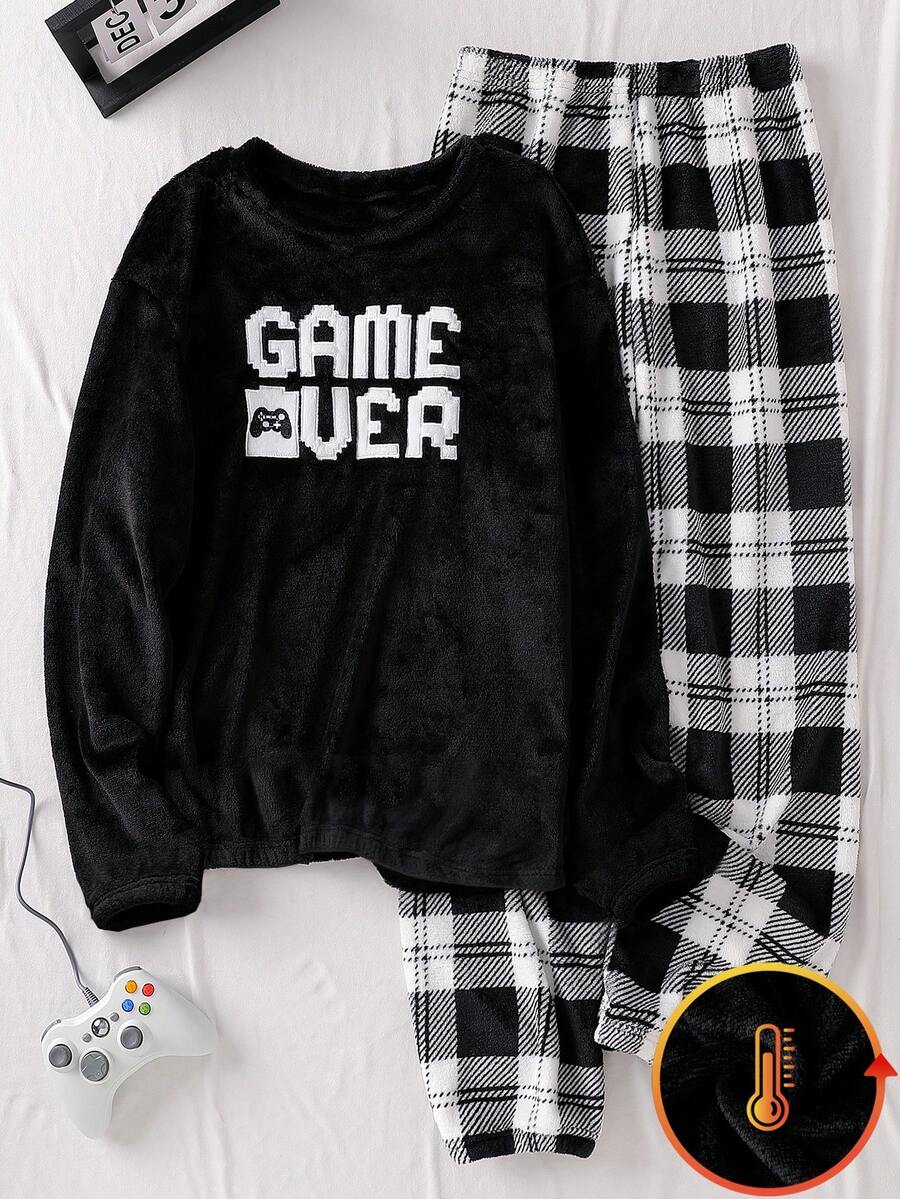 一套青少年男童游戏手柄图案刺绣抓绒圆领长袖上衣和裤子睡衣套装，适合日常穿着，秋冬季 - 黑色 - 查看 1