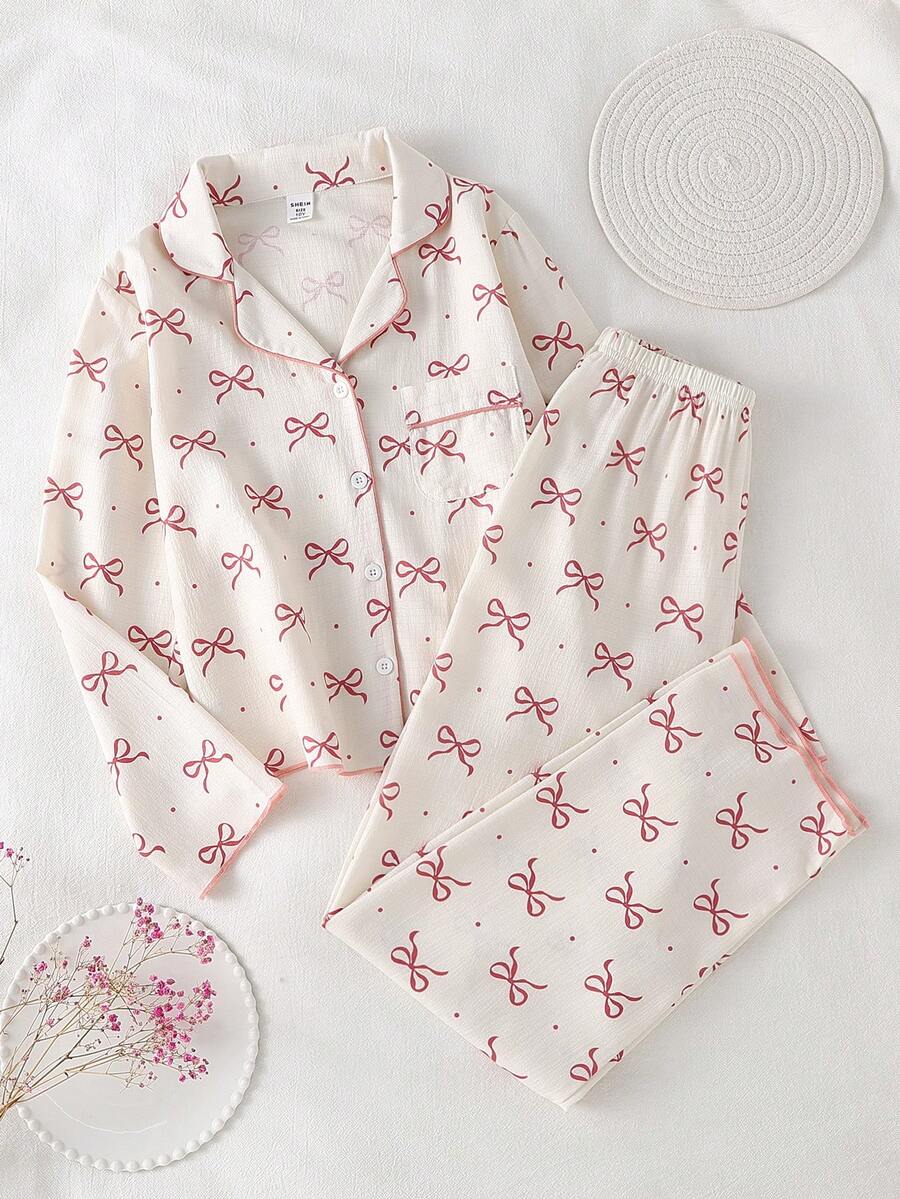 Sparklyn 女学生睡衣，少女可爱蝴蝶结印花开襟长领长裤长袖休闲两件套家居服 - 彩色 - 查看 1