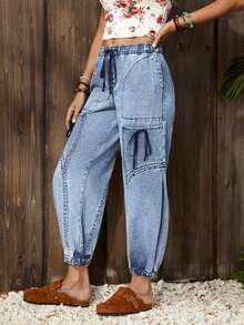 EMERY ROSE Women's Elegant Casual Distressed Denim Jeans With Multiple Pockets And Bow Tie Waist Design, Relaxed Fit - Blue - View 3