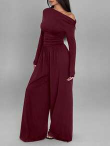 SHEIN MOOSTA Bộ đồ liền thân ống đứng rộng rãi xếp ly thoải mái cho nữ, có vai chéo và tay dài, phù hợp cho mùa xuân và mùa thu - Màu Đỏ Sâu - Xem 4